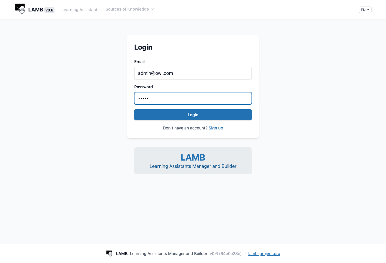 Pantalla de inicio de sesion de LAMB